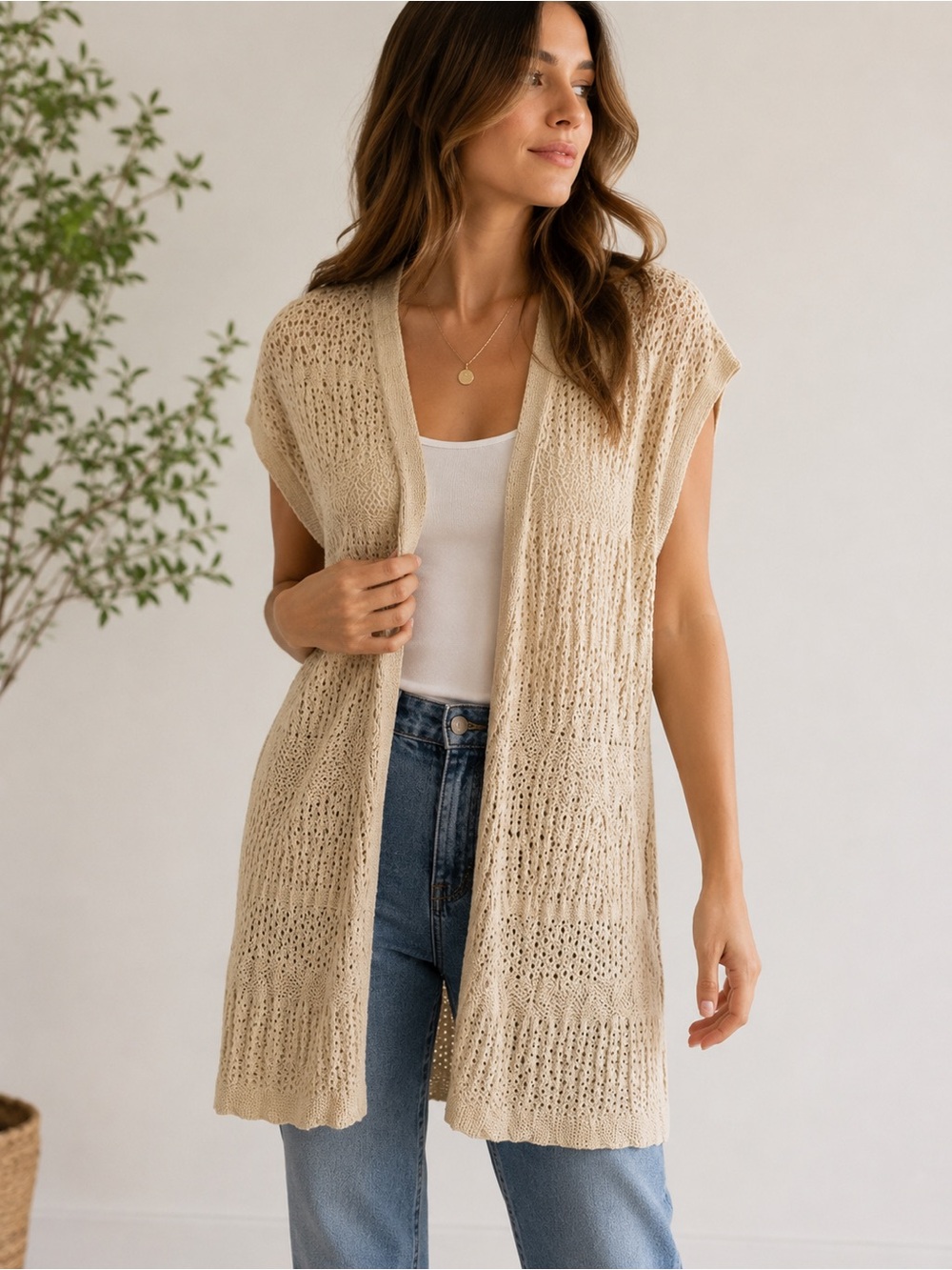 Open Front Crochet Knit Long Cardigan Vest - Cream